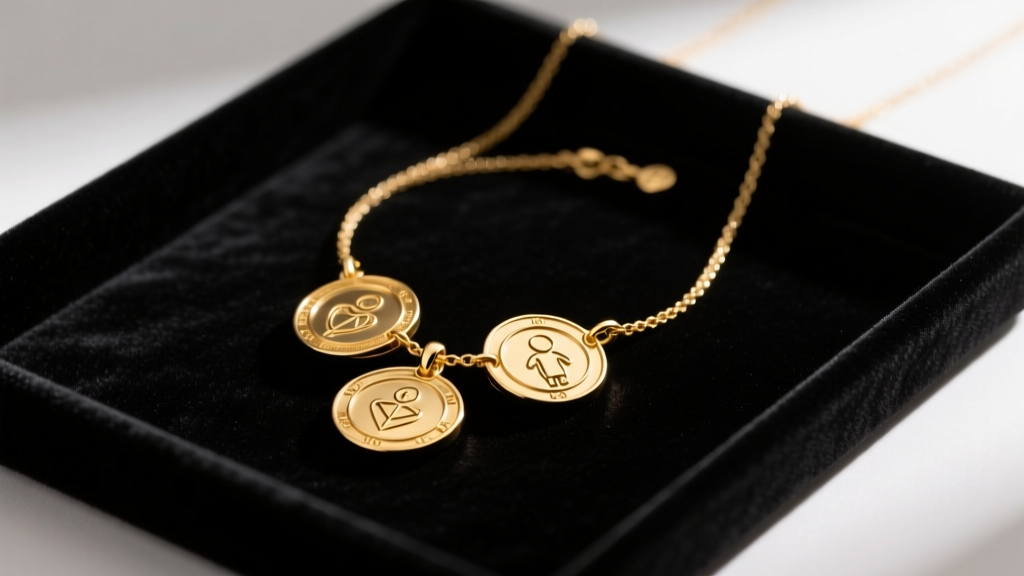 Tangled gold mother daughter daughter necklace with three interlocking circle pendants on a dark velvet tray under soft light.