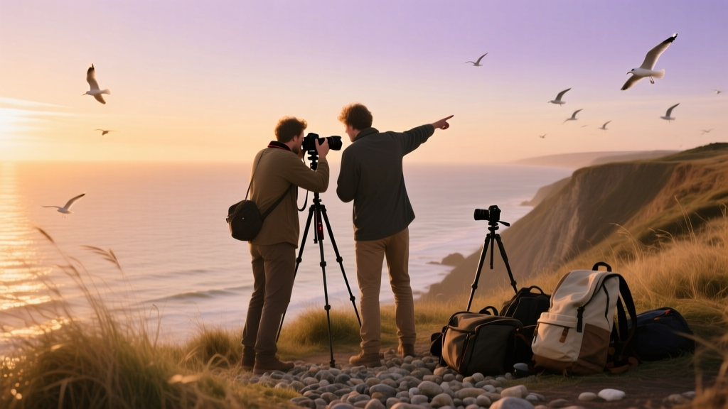 Two photographers at sunset looking at a camera as they take photos