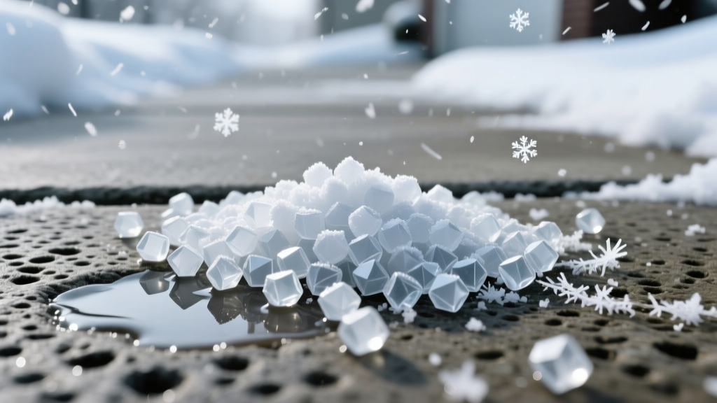 Close-up of concrete driveway surface treated with calcium magnesium acetate deicer pellets during a heavy winter snowstorm