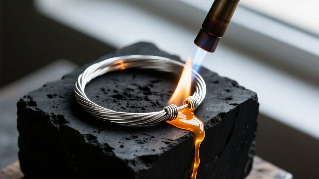 Overhead view of a torch heating a sterling silver bezel wire on a charcoal block, with silver solder flowing at the joint.