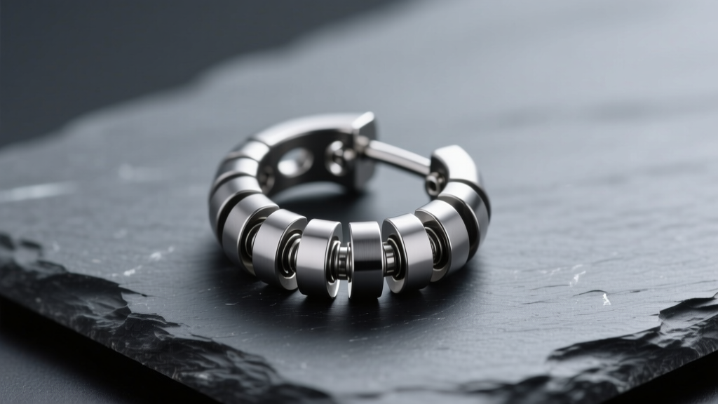 Titanium segmented worm ear cuff resting on dark slate, emphasizing the matte grey finish and precision-machined micro-hinges