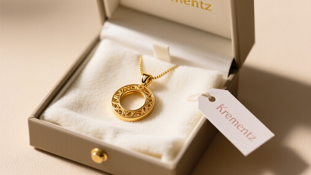 Open gift box holding a vintage Krementz solid 14K gold pendant, beside a soft microfiber cloth and a small printed care tag.