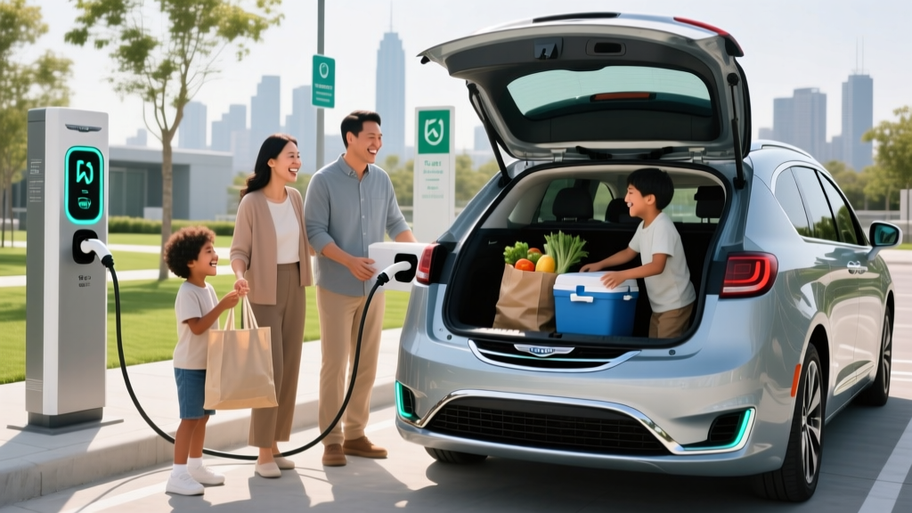 Chrysler Pacifica Plug-In Hybrid charging at a public station with a family loading groceries into the trunk