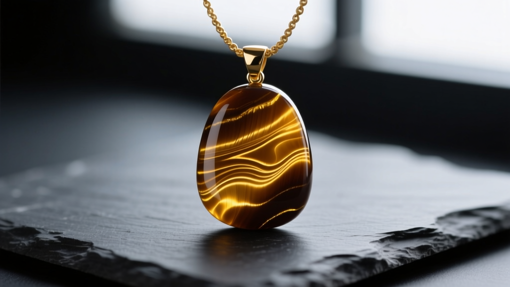 Close-up of a vintage tiger eye necklace pendant on dark slate showing sharp golden chatoyant bands in brown quartz