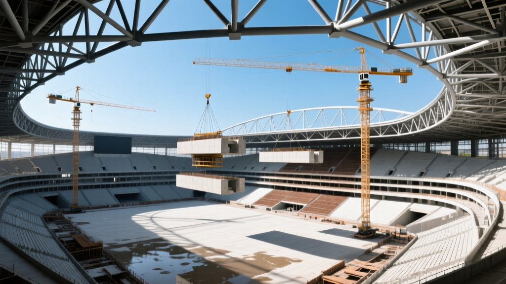 Aerial view of a massive modern open-air football stadium under construction with exposed steel trusses and heavy cranes lifting concrete sections