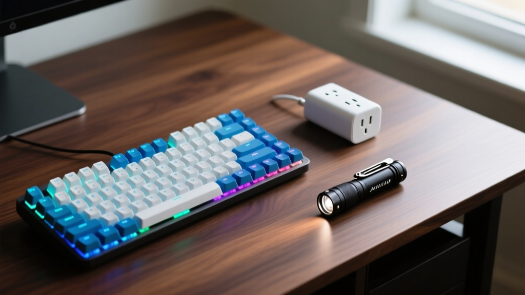A curated flat-lay of awesome cheap gadgets including a mechanical keyboard, smart plug, and EDC flashlight on a dark wooden desk.