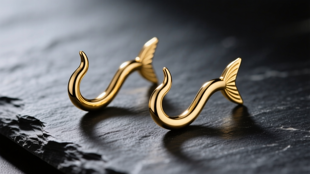Macro photography of polished 20-gauge 14k gold-filled earring fish hooks resting on dark slate with soft directional studio lighting