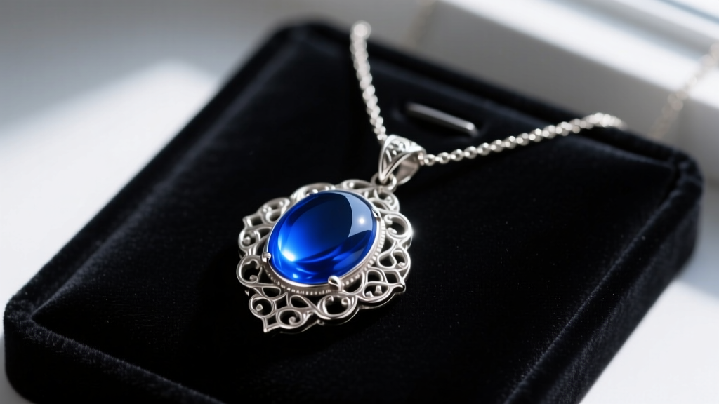 Close-up of a vintage sterling silver mood necklace pendant glowing deep blue, resting on a dark velvet jewelry display pad.