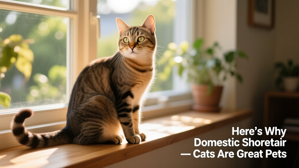 A friendly domestic shorthair cat sitting calmly on a sunlit windowsill, showing off its short, glossy coat