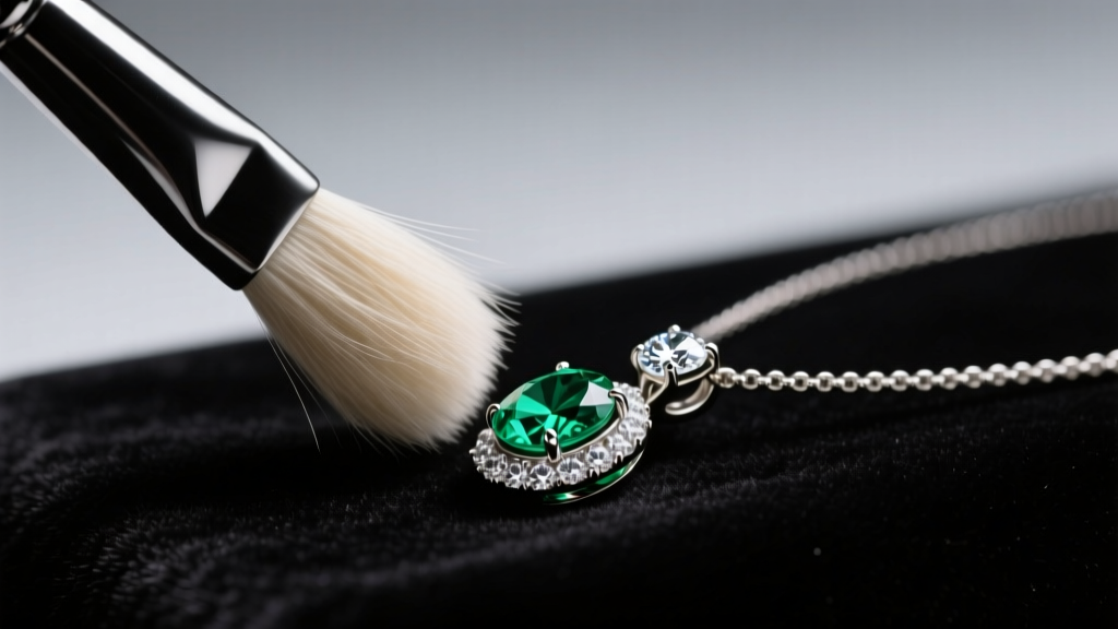 Macro shot of a goat-hair brush gently cleaning a diamond and emerald pendant necklace under bright, focused jewelry lighting.