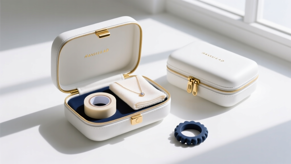 Flat lay of a bridal emergency kit containing double-sided tape, a jewelry polishing cloth, and a spare silicone necklace spacer