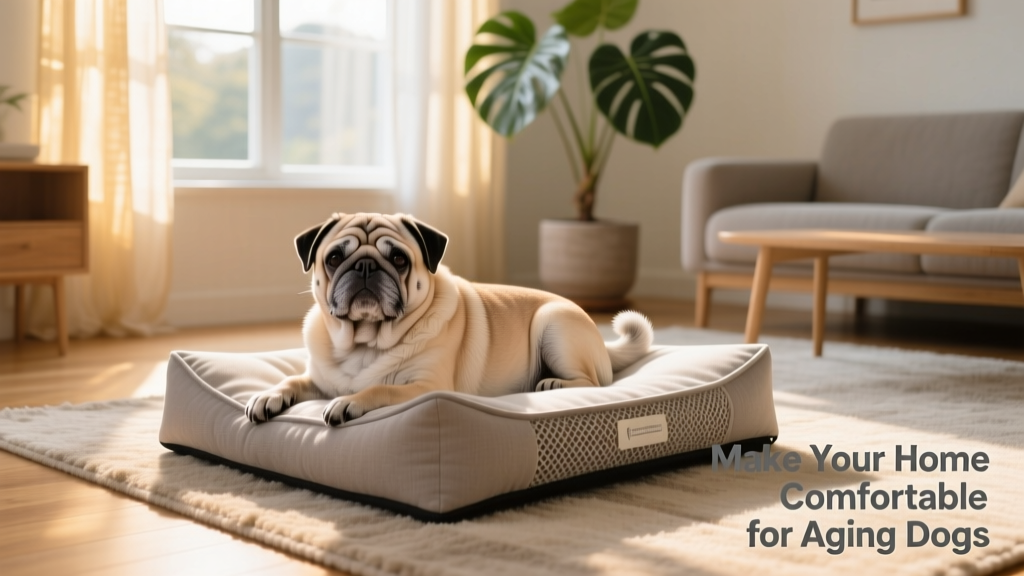 Senior pug resting comfortably on a low-profile orthopedic dog bed in a sunlit living room