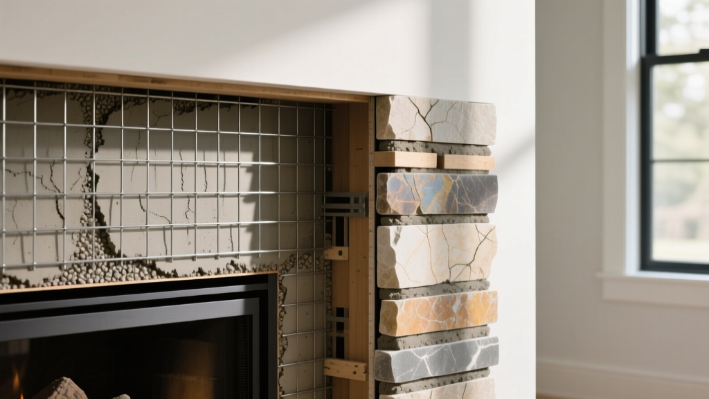 Detailed cross-section of a stone veneer fireplace wall showing metal lath, mortar scratch coat, and stacked limestone profile