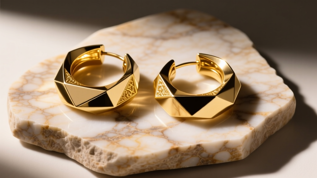 Flat lay of oversized 14k gold sculptural hoop earrings on raw travertine stone, bathed in warm directional studio lighting