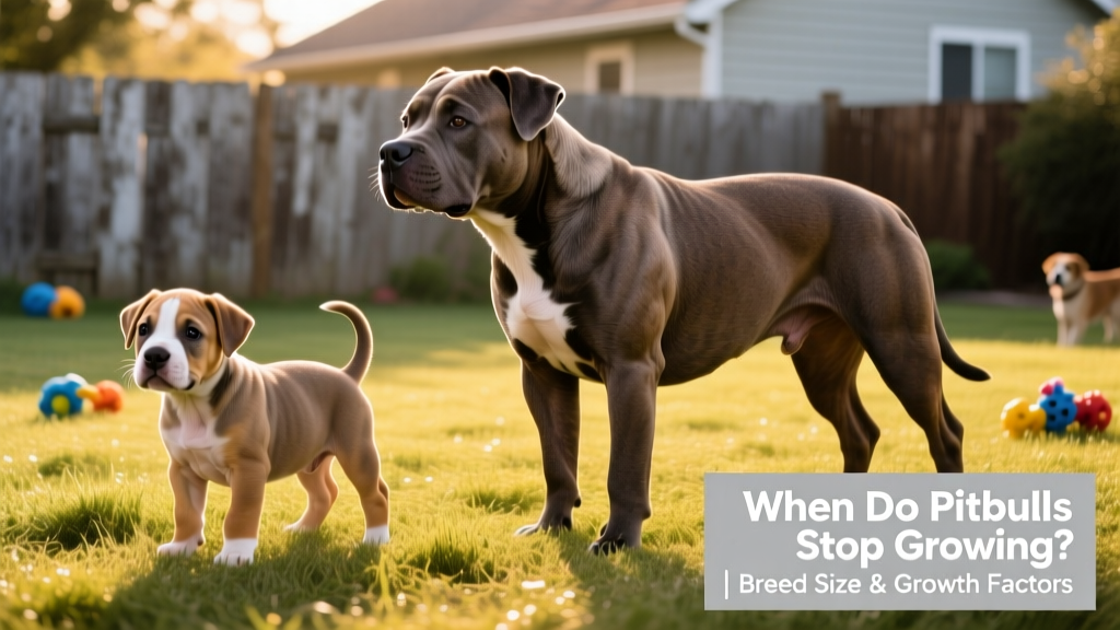 Side-by-side comparison of a young Pitbull puppy and a mature adult Pitbull showing differences in muscle development and proportions