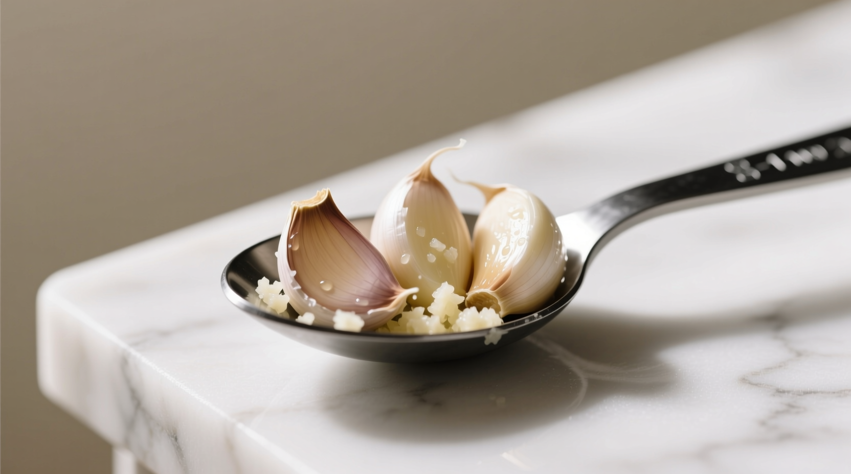Weekday meal prep scenario with fresh minced garlic in teaspoon measure proving 3 cloves fill 1.5 tsp