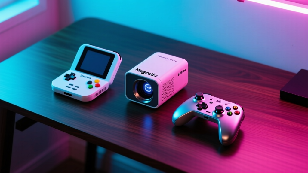 Flat lay of Miyoo Mini Plus retro handheld, Magcubic projector, and 8BitDo controller on dark walnut desk with moody neon lighting