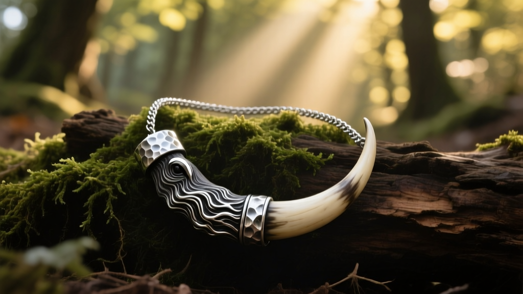 A rugged wild boar tusk necklace with a hammered sterling silver cap resting on dark moss and weathered oak wood, natural forest lighting