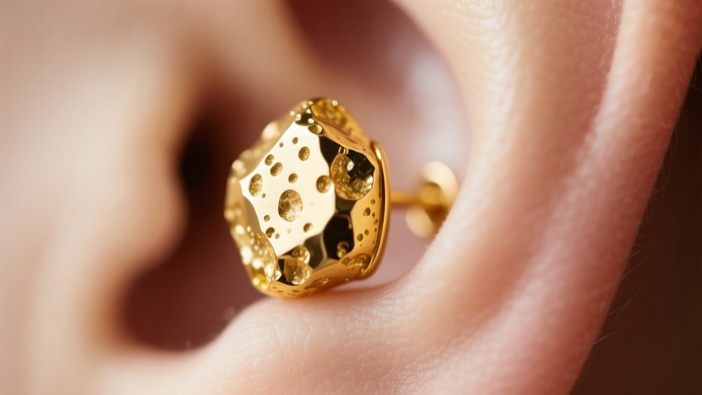 A 14k gold nugget earring on an earlobe, soft light showing organic pitting and the unpolished texture of the warm yellow metal.