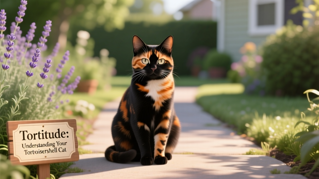 Short-haired tortoiseshell cat sitting calmly outdoors on a garden path