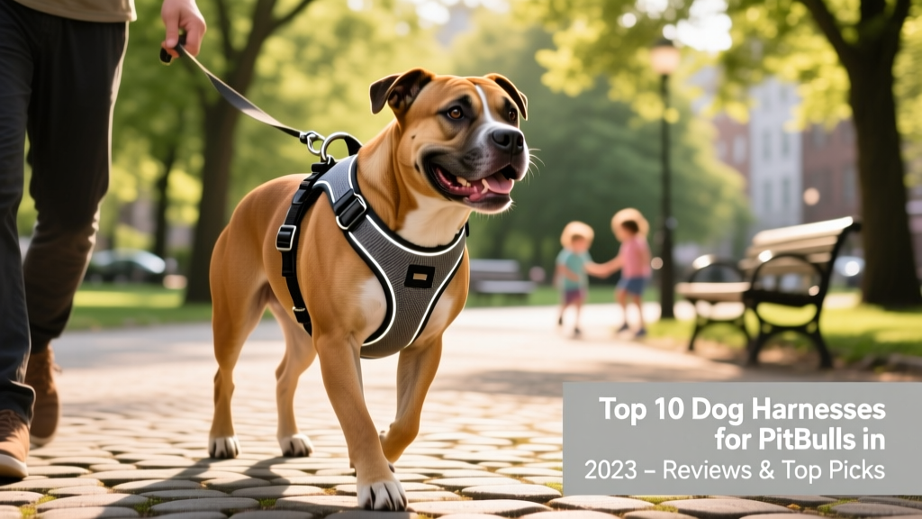 A well-fitted, sturdy dog harness on a smiling pit bull during a walk in a park