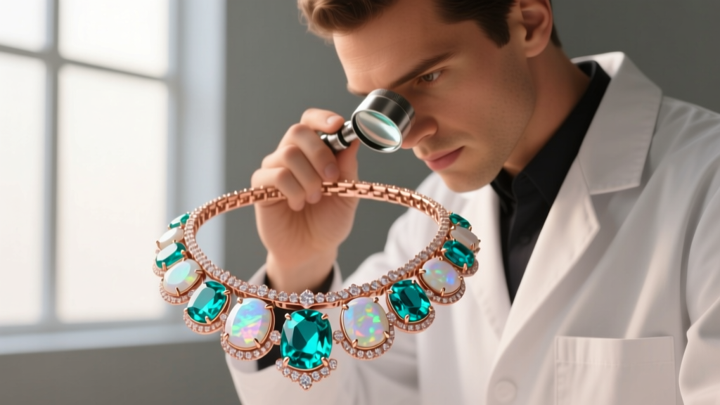Jeweler inspecting a rose gold multi gemstone necklace under a loupe, focusing on bezel settings securing soft opals and turquoise.