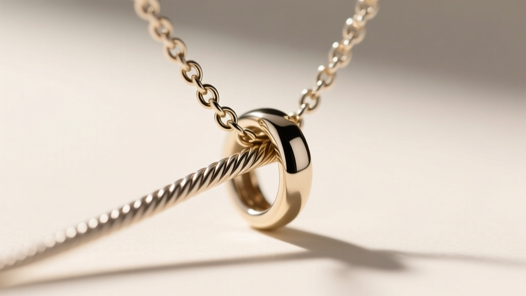Close-up of a micro-cable chain connecting to a hidden bail on an Elena pendant, showing the 18-gauge jump ring and laser welding