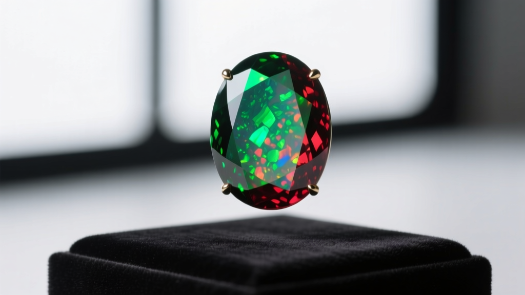 Macro shot of a solid Australian crystal opal cabochon showing vibrant green and red play-of-color against a dark background