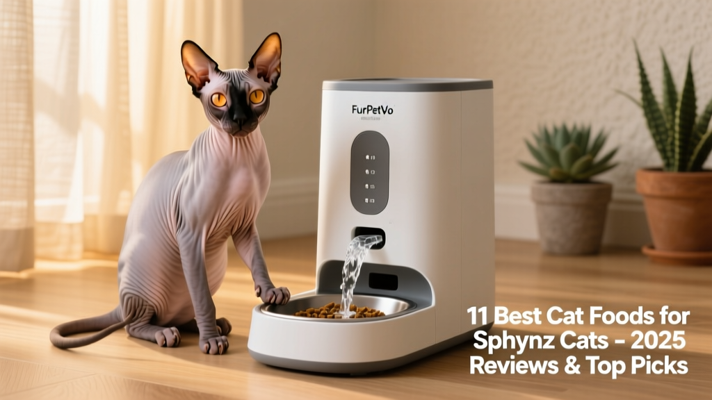 Sphynx cat sitting beside a FurPetVo feeding station with measured portions and water fountain