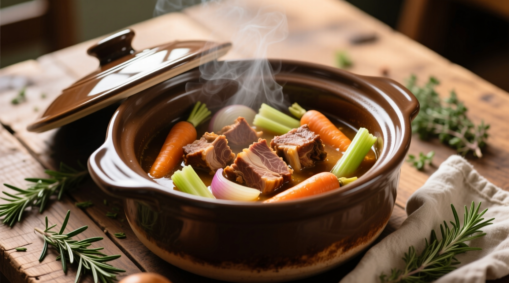 Slow cooker filled with pork shoulder and vegetables