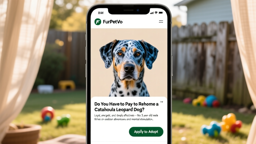 Screenshot of a FurPetVo profile page showing a Catahoula Leopard Dog's photo, bio, and 'Apply to Adopt' button