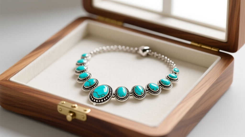 White turquoise and sterling silver squash blossom necklace laid flat inside a cedar jewelry box lined with anti-tarnish fabric.