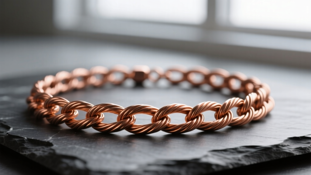 Macro shot of an 18-gauge pure copper rope chain necklace on dark slate, showing warm metallic luster and intricate link details