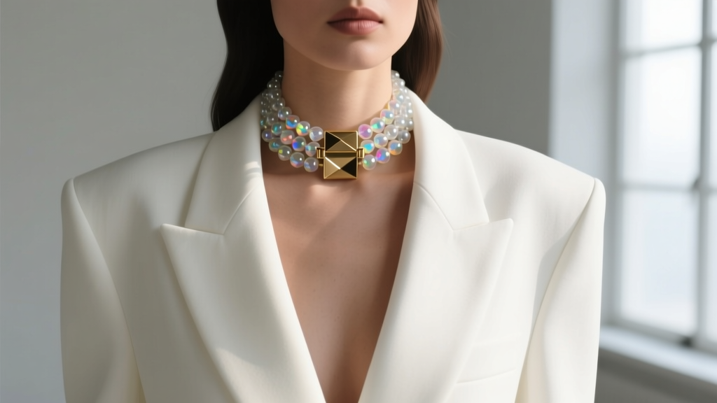 Model wearing a glass-bead Gunda choker over a white oversized blazer, focusing on the deep V-neckline and modern brass clasp.