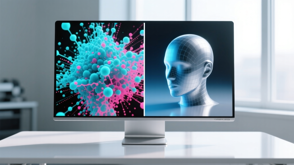 Split-screen monitor display showing a raw messy point cloud on the left and a cleaned, watertight 3D mesh ready for printing on the right.