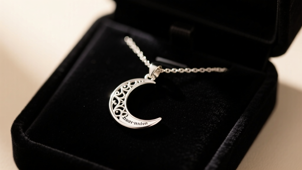 Silver crescent moon pendant necklace on dark velvet jewelry box, soft romantic lighting highlighting delicate engraved text.