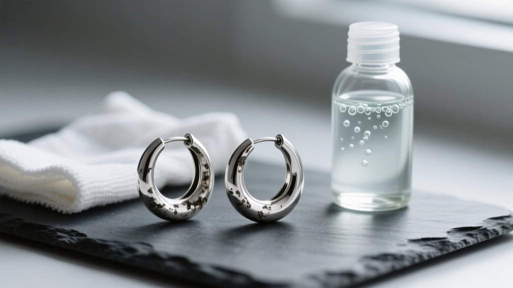 Tarnished silver plated hoop earrings on dark slate beside a microfiber cloth and a small glass bottle of mild liquid dish soap
