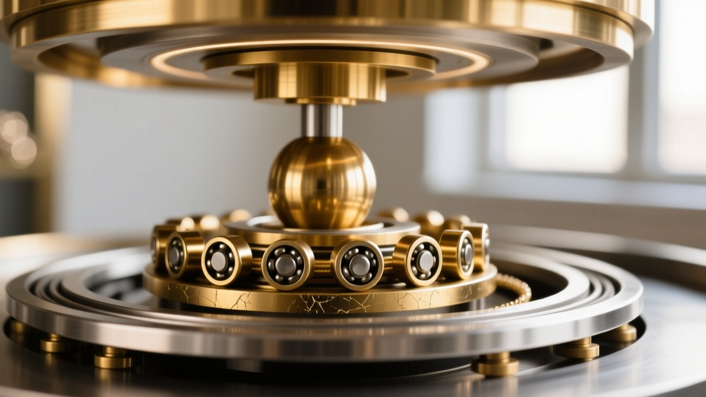 Close-up of a brass ball-bearing mechanism at the base of a rotating jewelry carousel, highlighting the smooth metal glide track.