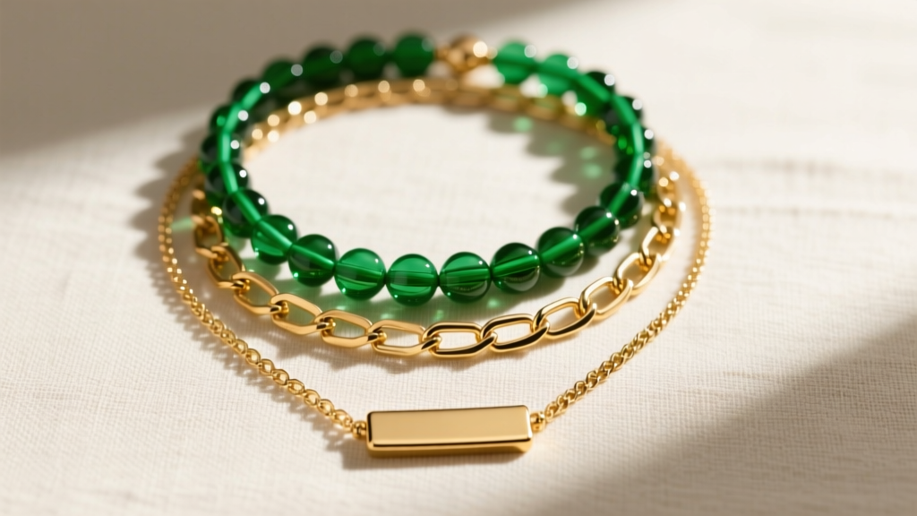 Layered necklace stack on linen with a 16-inch chartreuse bead chain, 18-inch gold paperclip chain, and 20-inch gold bar pendant