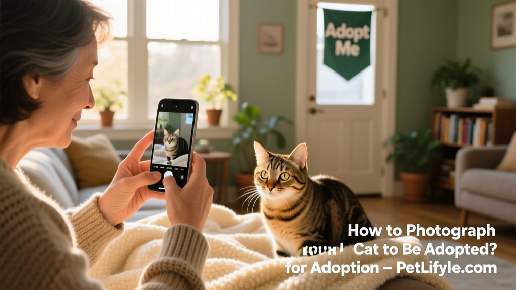 A person taking a clear, well-lit photo of their cat on a cozy blanket, demonstrating how to prepare high-quality profile images