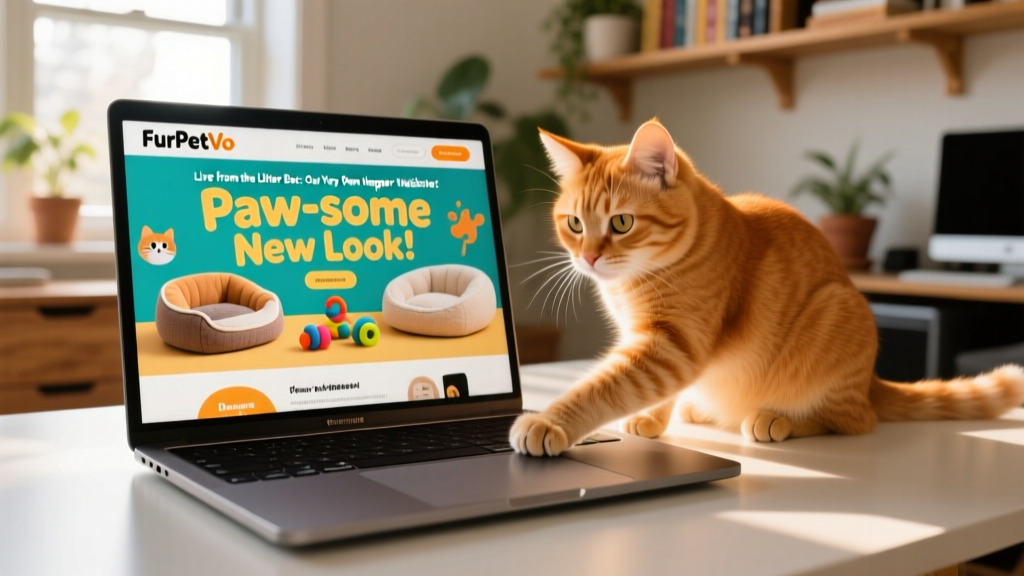 A playful cat pawing at a sleek, modern laptop displaying the FurPetVo homepage