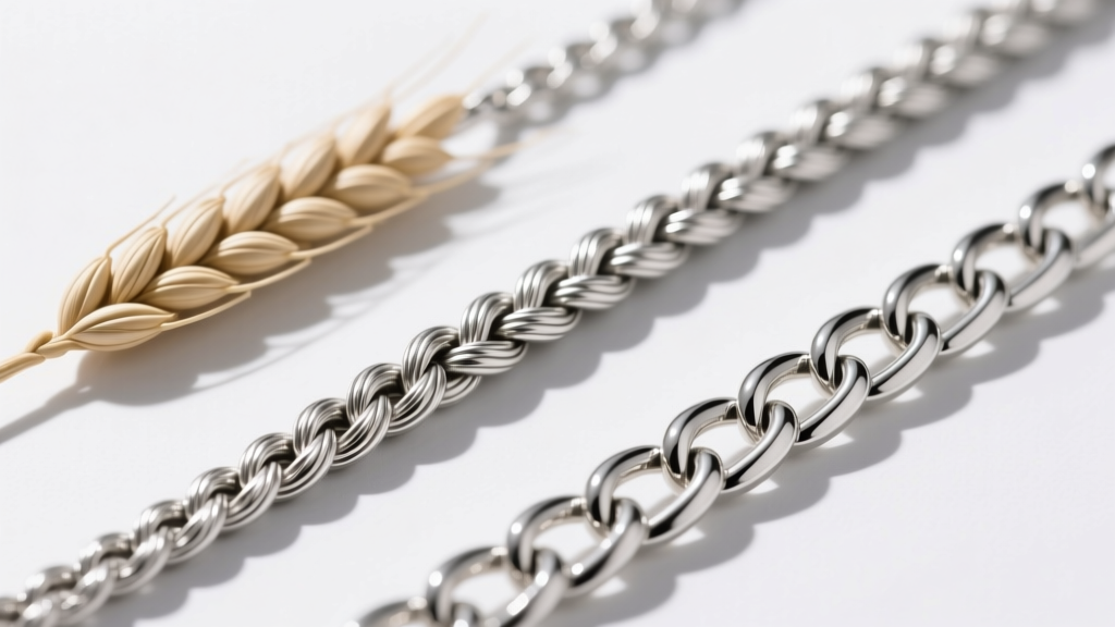 Macro comparison of three silver braided chains: a woven wheat spiga, a twisted rope, and a Byzantine link on a white surface