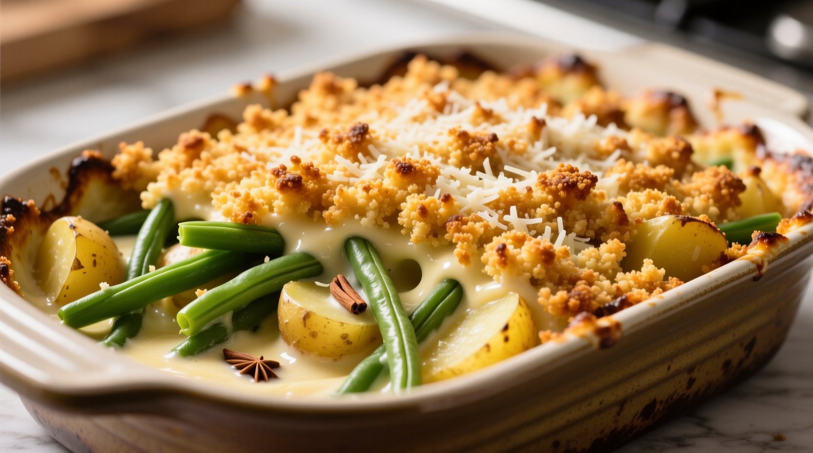 Golden green bean and potato casserole with crispy topping