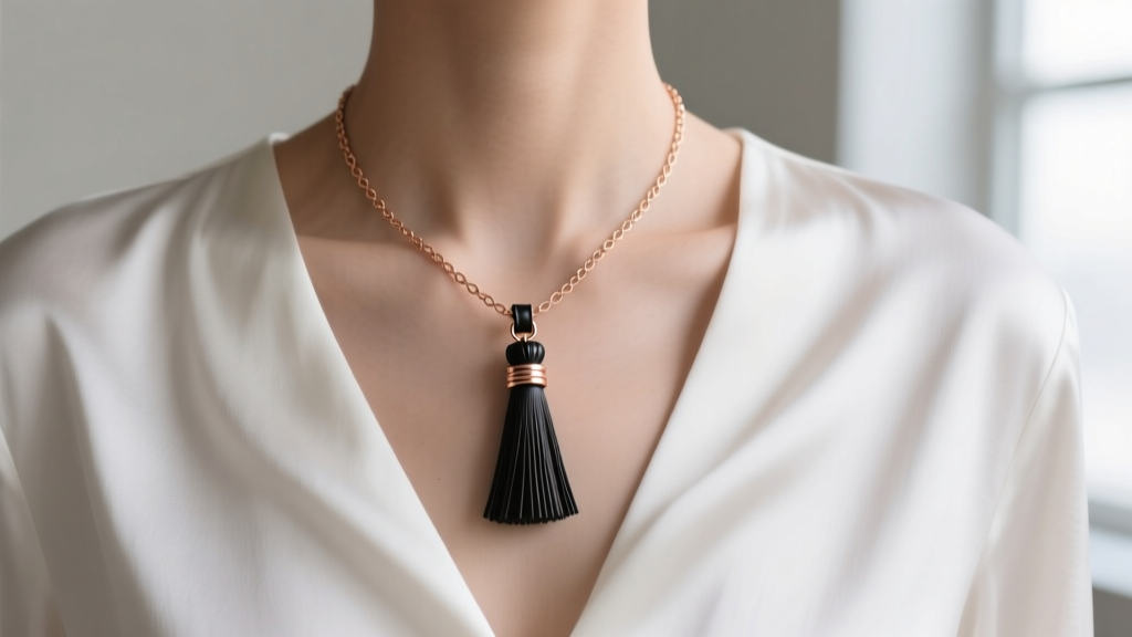 Close-up of minimalist rose gold lariat necklace with delicate black leather tassel worn over a crisp white silk blouse neckline
