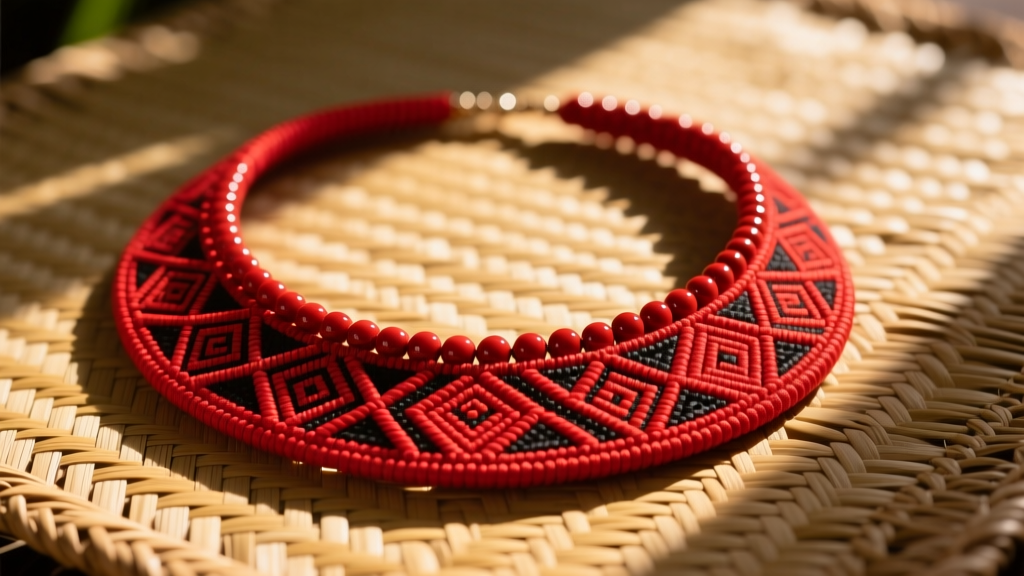 Vibrant red Samoa ula fala necklace resting on a woven pandanus mat, illuminated by warm sunlight to highlight texture