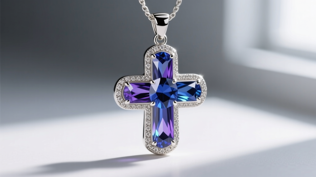 Macro shot of a bezel-set tanzanite cross pendant showing a secure platinum rim around a trichroic blue-violet calibrated gemstone.