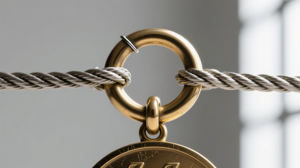 Macro photography of a soldered jump ring connecting a solid brass medallion bail to an 18-gauge stainless steel rope chain