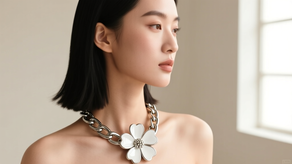 Side profile of a woman wearing a chunky white enamel flower necklace, highlighting the thick 3.5mm stainless steel curb chain