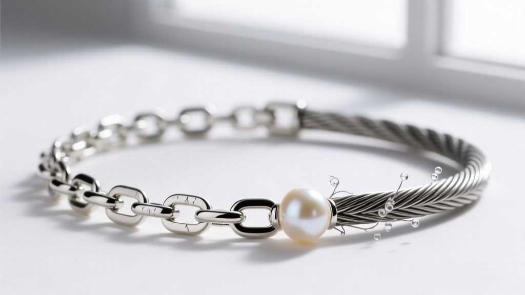 Macro photography comparing a 0.9mm sterling silver box chain and a nylon-coated 49-strand steel wire used for floating pearl jewelry designs