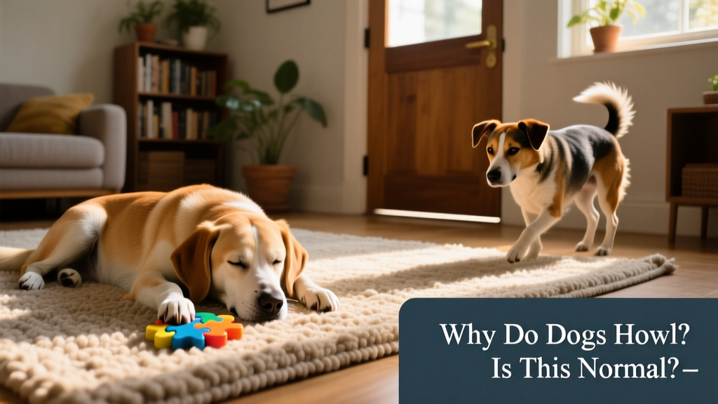 A calm, relaxed dog resting quietly on a rug beside a puzzle toy, contrasting with an anxious dog pacing near a closed door